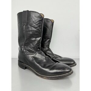 Justin Black Leather Roper Boots Mens 9 D Round Toe Cowboy Western Ranch 3133